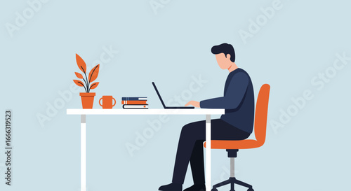 A focused young man diligently works on his laptop at a clean, minimalist desk, symbolizing modern productivity, remote work, and a contemporary office.