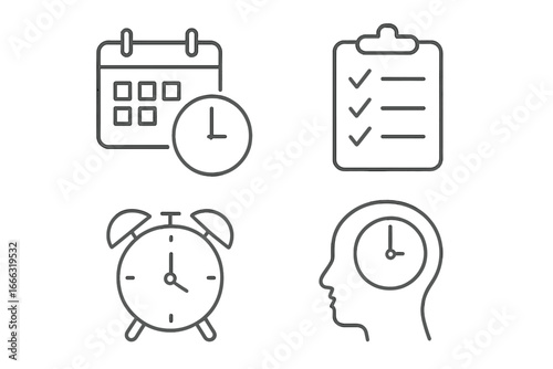 Time management outline icons set, 4 linear symbols for task planning, productivity, schedule, alarm clock, mental focus, and time tracking vector illustration