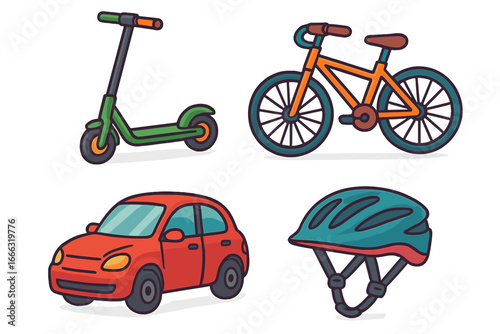 Colorful vector illustration of transportation options including electric scooter, bicycle, car, and safety helmet in cartoon style for modern mobility concepts