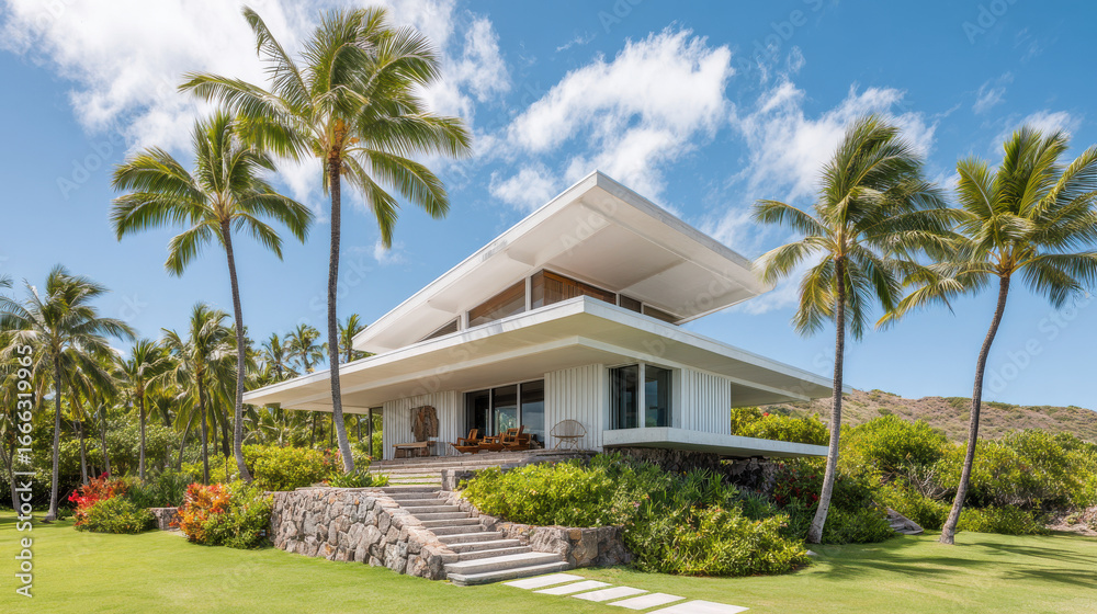 Fototapeta premium stunning modern minimalist house harmoniously nestled within lush hawaiian landscape surrounded by nature beauty
