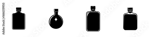 Various black potion bottles arranged in a row showcasing different shapes and sizes with simple designs