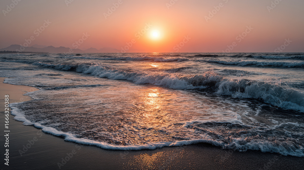 Fototapeta premium stunning summer sunset over tranquil sea painting sky in hues of orange and pink