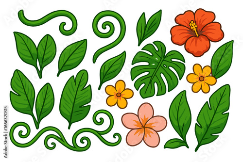 Tropical plant elements including lush vines, vibrant leaves, and colorful flowers in a lively vector cartoon illustration perfect for nature-themed projects and designs