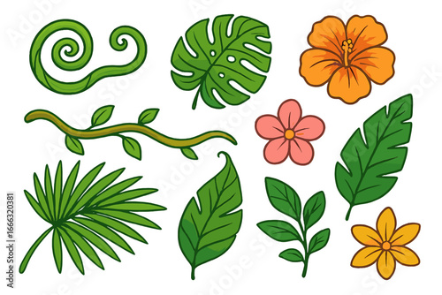 Tropical plant elements including vines, leaves, and vibrant flowers in a lively cartoon vector design perfect for nature-themed art projects and botanical illustrations