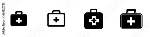 Health and safety symbols representing first aid kits in various designs with a focus on emergency preparedness