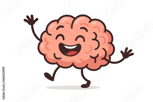Happy cartoon brain character mascot. Smart mind for creative idea or brainstorming. Psychology, mental health, and intelligence concept. Cute vector illustration for education.