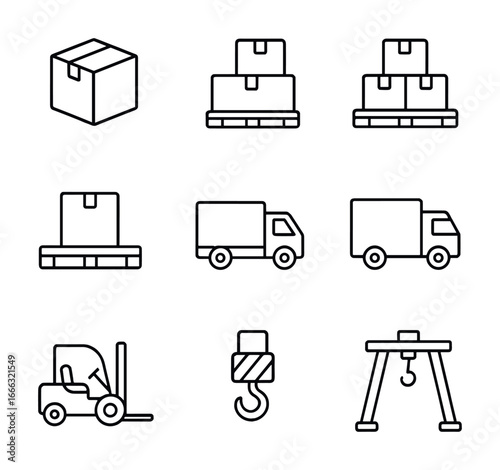 Logistics icons: boxes, trucks, forklift, hook, crates, pallets, crane illustrations