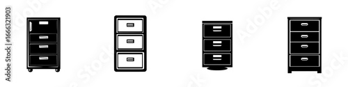 Four different styles of filing cabinets in black and white design suitable for office organization