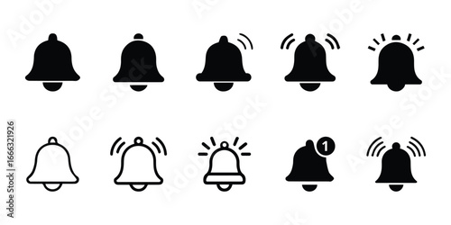 Notification Bell Icons Set, Flat and Line Style Alert Symbols
