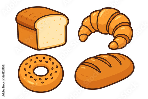 Variety of baked goods including bread loaf, croissant, bagel, and artisanal bread in colorful cartoon vector illustration with transparent background