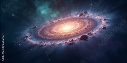Abstract blue space background with sun stars and planets
