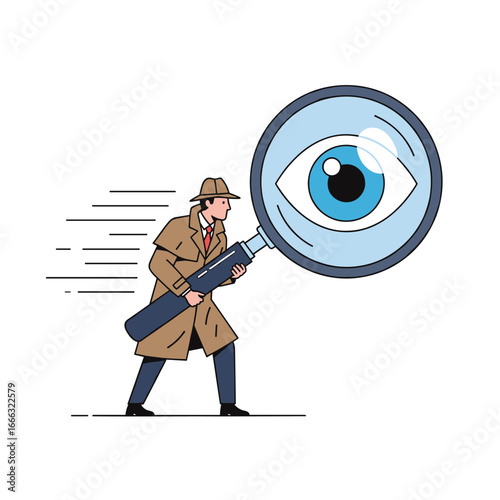 Detective with magnifying glass investigating a large eye symbol inspiring a sense of mystery and intrigue