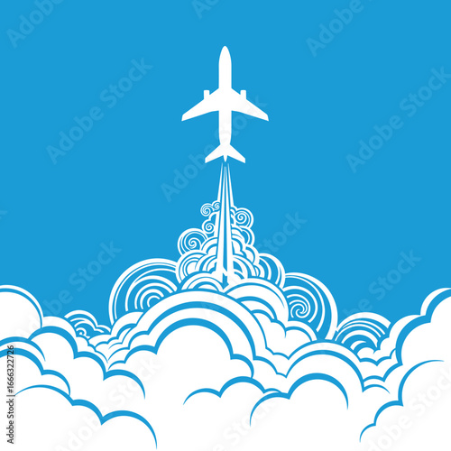 A white airplane ascends into the clear blue sky through swirling clouds and a powerful jet stream illustration