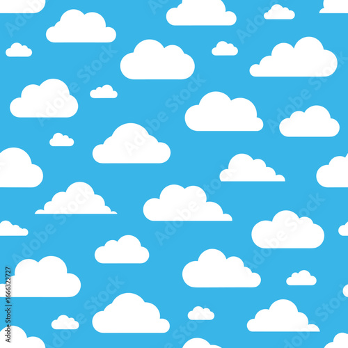 A seamless pattern of fluffy white clouds against a bright blue sky perfect for backgrounds and designs