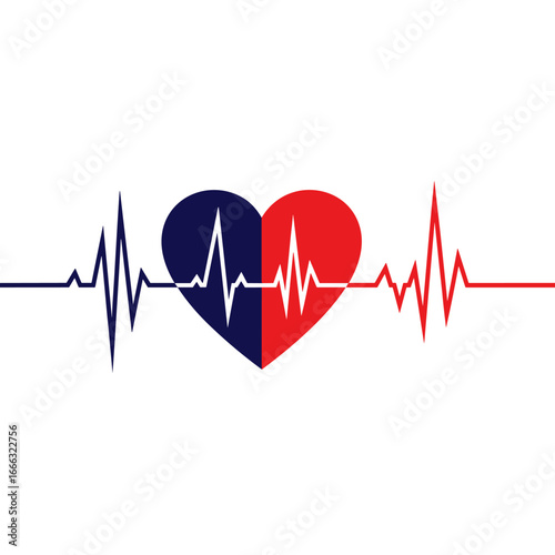 Heartbeat cardiogram symbol representing health and life with a red and blue heart in the center