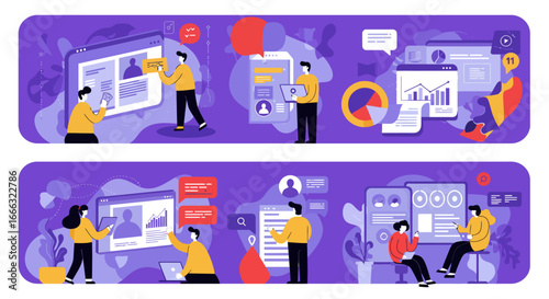 Modern professionals engage with digital interfaces, analyzing data, managing online profiles, and communicating effectively in a dynamic technological environment.