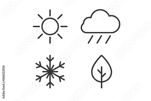 Weather and Nature Outline Icons Set of 4 – Linear Climate Symbols Including Sun, Rain, Snowflake, and Leaf Illustrations on Transparent Background, Vector Graphic