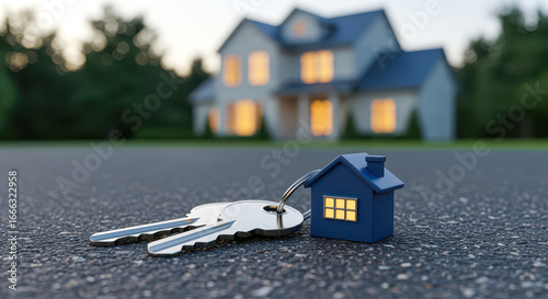 House keys and miniature home; warm evening light, suburban home backdrop; new home ownership concept.