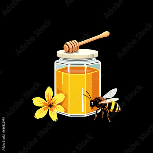 Honey Jar with Bee, Flower, and Dipper