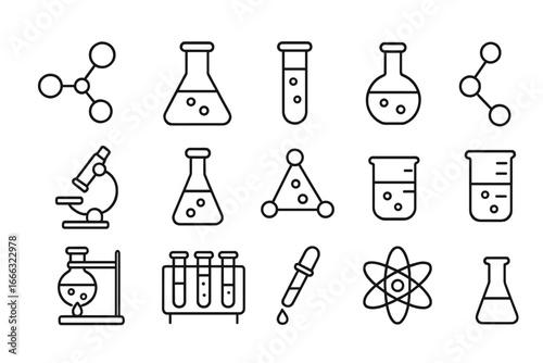Chemistry science line icon set. Laboratory research and experiment equipment. Molecule, atom, flask, test tube, microscope outline symbols. Vector lab tools collection.