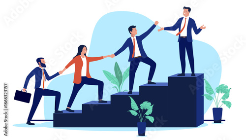Business team or businesspeople climbing a staircase to success, helping each other to reach their professional goals, teamwork concept in modern flat design vector illustration