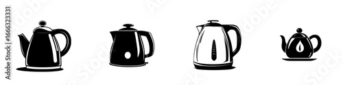 Collection of various kettle designs in black and white showcasing different styles and shapes in a creative arrangement