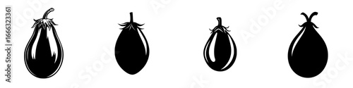 Various shapes and sizes of eggplants illustrated with a simple black and white design