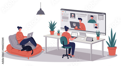 Two individuals are depicted working remotely from their comfortable home environments, engaging in a virtual video conference for seamless online collaboration.