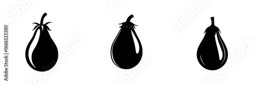 Multiple black silhouette representations of eggplants arranged in a row against a white background