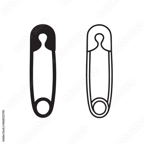 Pair of Safety Pins Black and Outline Vector