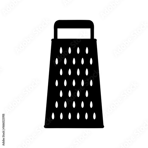A simplistic black and white silhouette image of a kitchen cheese grater