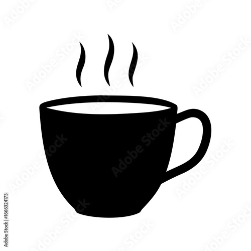 Silhouette of a steaming black coffee mug, perfect for a morning brew
