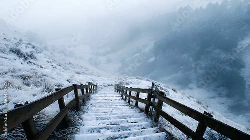 Snow-covered steps lead into a foggy valley during winter in a mountainous area