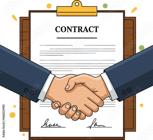 Businessmen shaking hands over a signed contract on a clipboard symbolizing a successful deal.