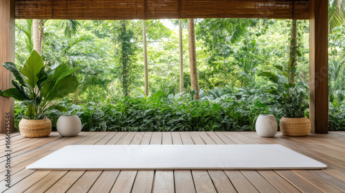 Fototapeta Naklejka Na Ścianę i Meble -  Serene yoga mat placed wooden deck, surrounded by lush jungle plants, creates peaceful