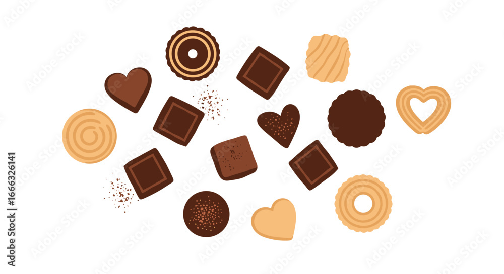 Fototapeta premium A collection of delicious assorted cookies and chocolates scattered across a white background perfect for desserts and sweet treats
