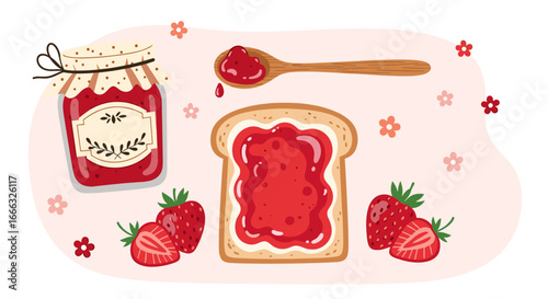 Delicious homemade strawberry jam spread on toast with fresh berries and spoonful of sweetness