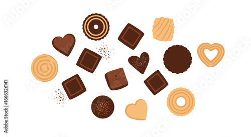 A collection of delicious assorted cookies and chocolates scattered across a white background perfect for desserts and sweet treats