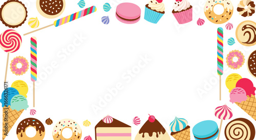 A delightful collection of sweet treats and confections arranged in a decorative border around a central blank space ideal for text or images