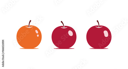 Three apples with different colors one orange and two red apples on a white background
