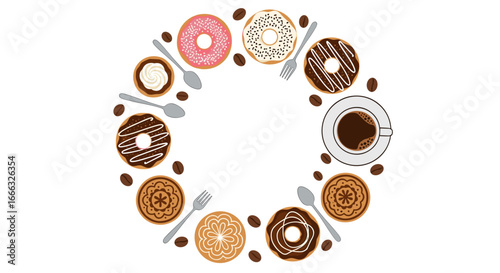 Delicious assortment of coffee beverages and pastries arranged in a circular border on a white background