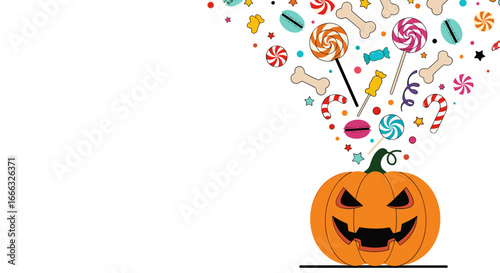 A spooky halloween jack o lantern unleashes a shower of delicious candies and treats across the sky