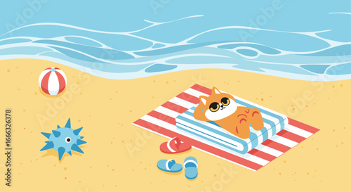Adorable cartoon dog relaxing on a striped towel on a sandy beach near the ocean waves enjoying a sunny day vacation