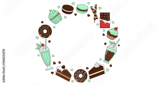 A delightful circular arrangement of various sweet desserts and treats creating a festive and whimsical border