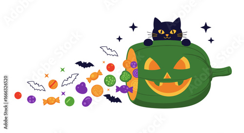 Adorable black cat peeking from a spooky green halloween pumpkin overflowing with colorful candies and flying bats