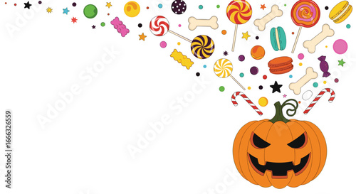 Spooky halloween pumpkin unleashing a cascade of colorful candies and sweets for trick or treat celebrations