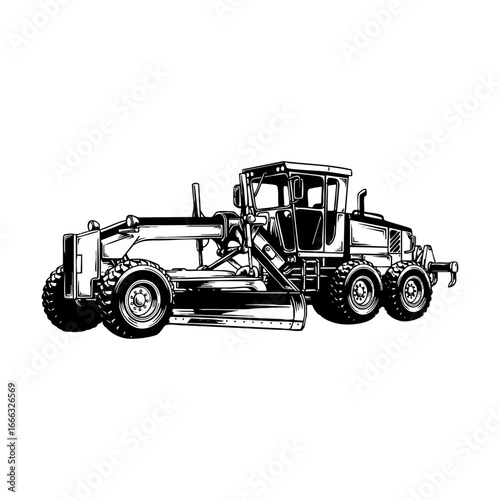 Black and white line art illustration of motor grader