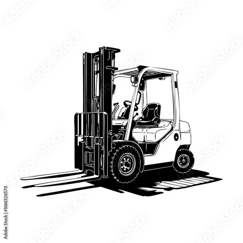 Black and white line art illustration of forklift
