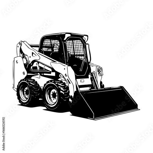 Black and white line art illustration of skid steer loader