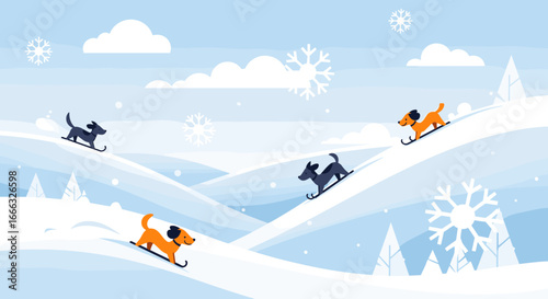 Four adorable dogs enjoying a fun day skiing down snowy hills while snowflakes fall gently all around them